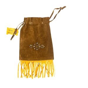 VTG Leather Suede Fringe Drawstring Pouch Southwest Medicine Bag‎ Beaded Design